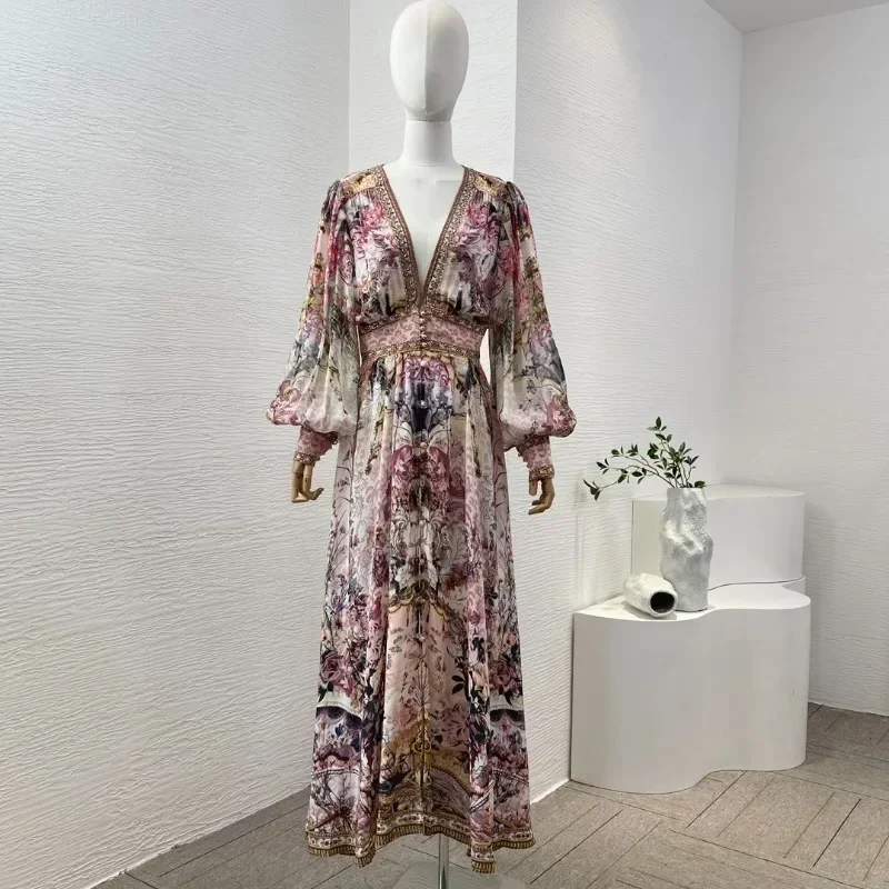 Pure Silk Midi Dress for Woman Multicolor Floral Print Diamonds Pressed Long Sleeeve Deep V Neck Luxury Style High Quality 2024