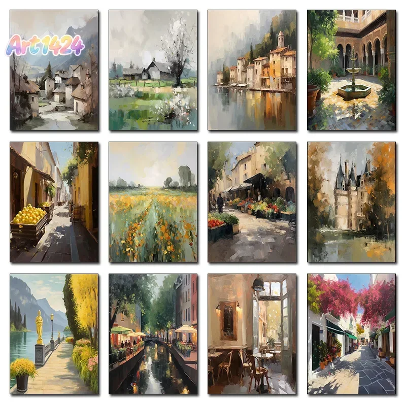 Vintage Rural House Old Building Field Street Garden Oil Painting Landscape Poster Canvas Painting Wall Art Farmhouse Home De
