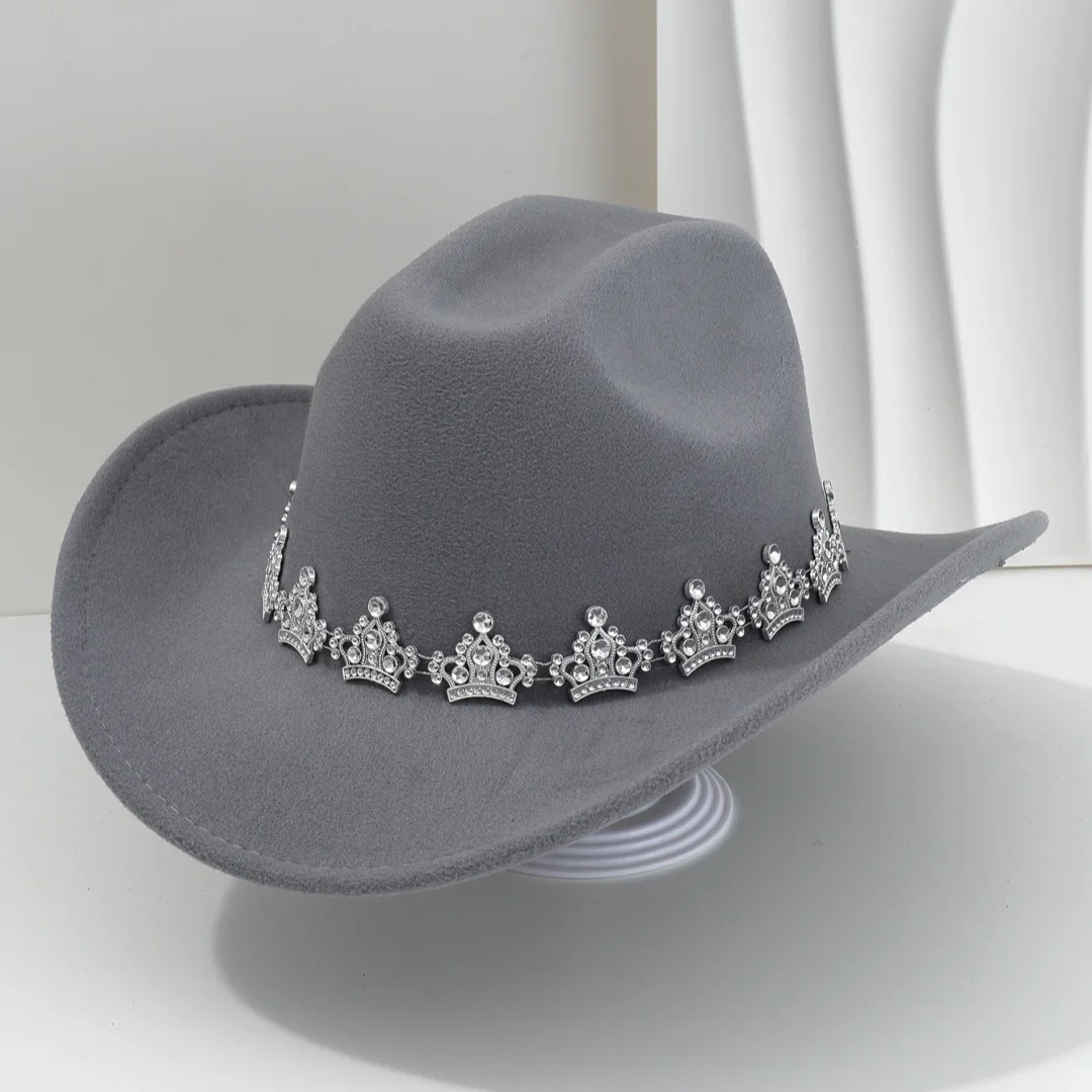 HongLuan Chapéus de topo de feltro preto/branco de luxo, chapéu de cowboy elegante mulher de strass, acessórios de cowboy, boné de festa para homem original