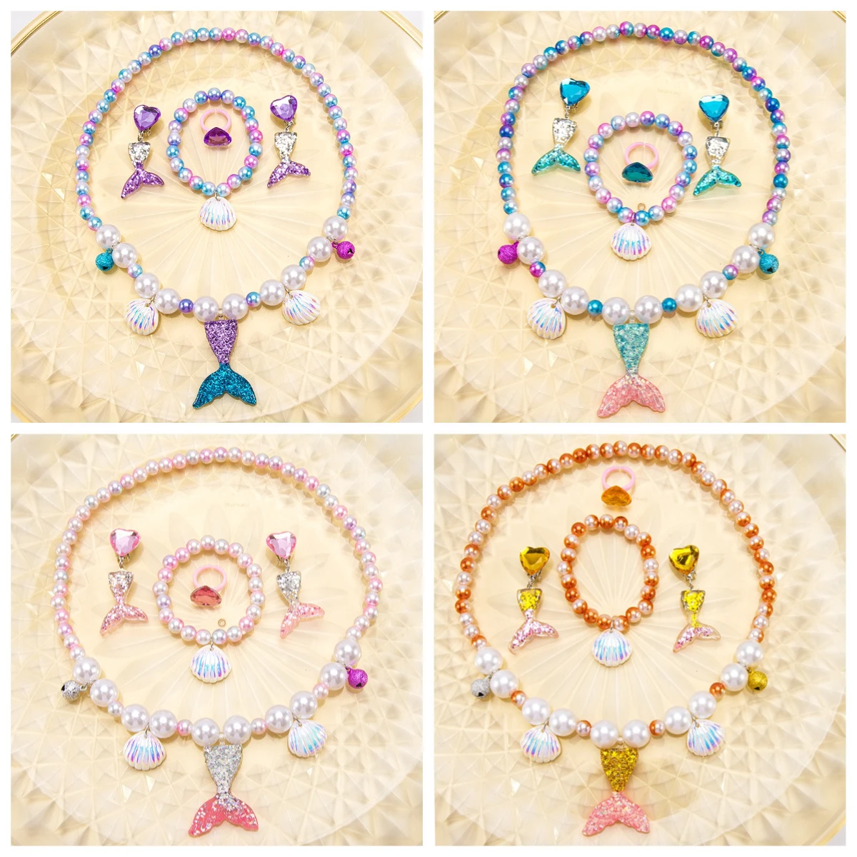 

Girls Mermaid Shell Pearl Necklace Jewelry Pearl Necklace Bracelet Ring Ear Clips Shell Fish Tail Mermaid Pendant Jewelry Set