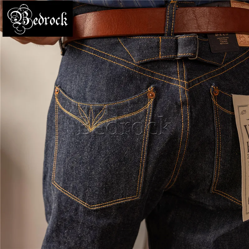 بنطلون جينز عالي الخصر من Selvedge للرجال ، سروال مستقيم فضفاض ، مشبك عتيق ، جيب تصميم أصلي ، غير مغسول ، 14 أونصة