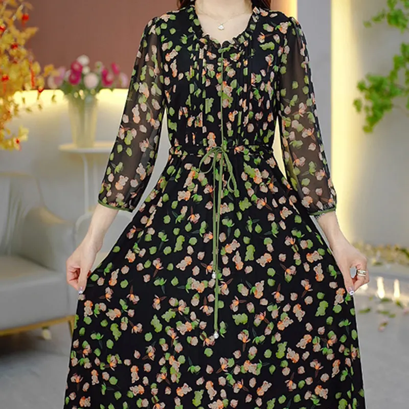 Vintage Broken Flowers Midi Dress Printed Female Clothing Round Neck Spring Summer 3/4 Sleeve Fashion A-Line Drawstring Dresses