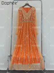Fashion Heavy Industry Luxury Long-Sleeved V-neck Dress for Women 2024 Summer High Waist Sequined Beaded Dress Maxi Dress