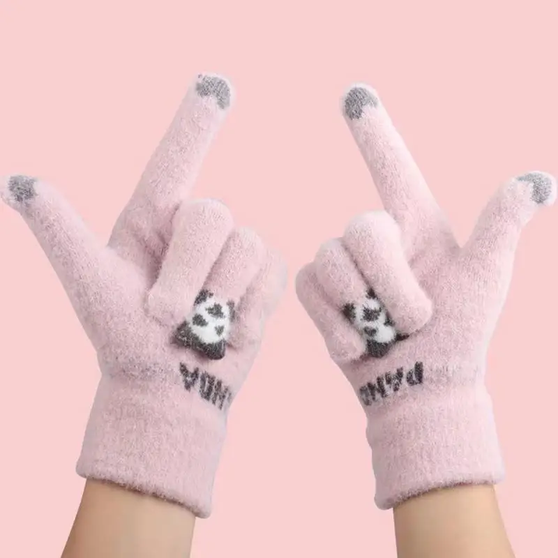 Women Knitted Gloves Cycling Gloves Touch Screen Winter Knitted Gloves Elastic Hand Warmers Breathable Cute Panda Finger Gloves