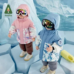 Amila Baby's Snow Wear 2024 Winter New Boys and Girls Fashion Three -layer Protection Coat Casual Warmth Outwear