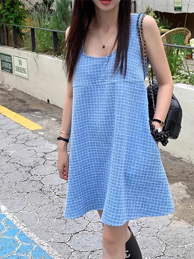 Retro Svel Vest Dr Women's Summer New Loose Slim A-Line ort Skirt Cotton Sweet Sle round Ne Gingham Pattern