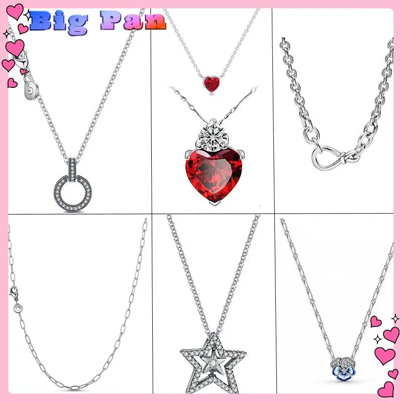 

S925 Sterling Silver Fit Original Heart Necklace Sparkling Circle Infinity Red Heart Collier Neck New Year Diy Charm Gift