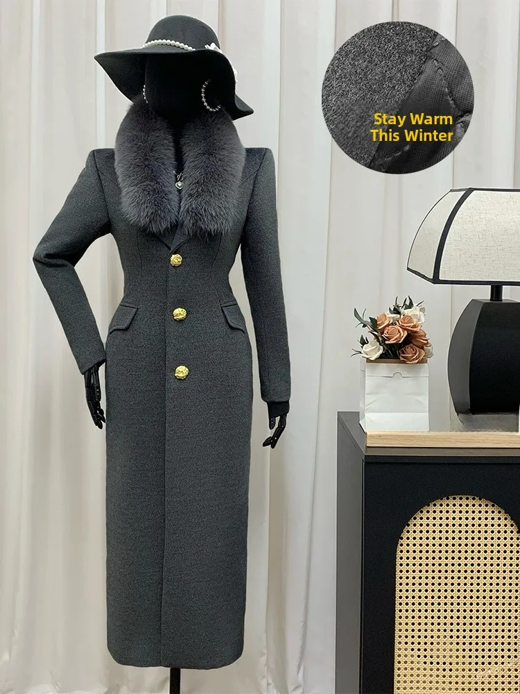 

Пальто Pinnofox из утолщенного хлопка с меховым воротником, длинное, серое, зимнее, теплое, с поясом, в корейском стиле, женская куртка