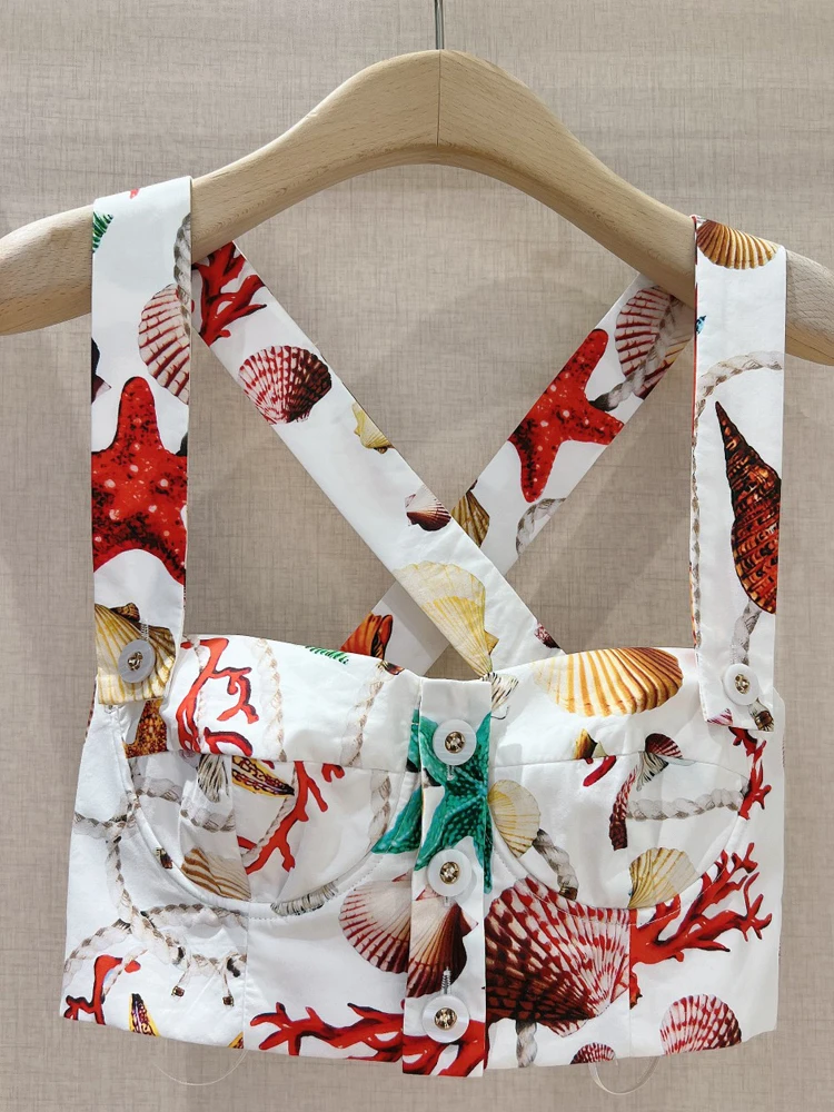 AELESEEN 100% Cotton Women Summer Sexy Camis Corset Designer Fashion Starfish Shells Printed Short Poplin Bustier Crop Top