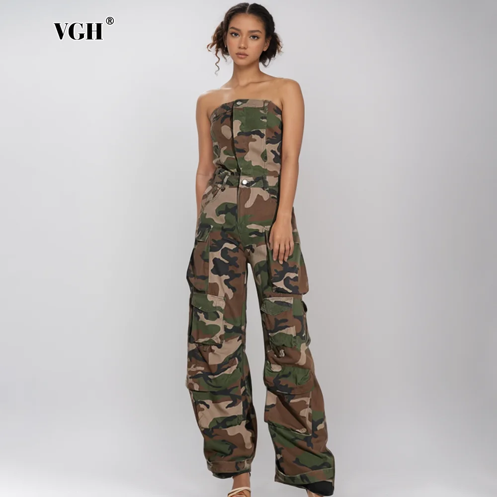 VGH Camouflage Chic Streetwear Combinaisons Pour Femmes Bretelles Sans Manches Dos Nu Taille Haute Spliced Poches Salopette Femme Nouveau