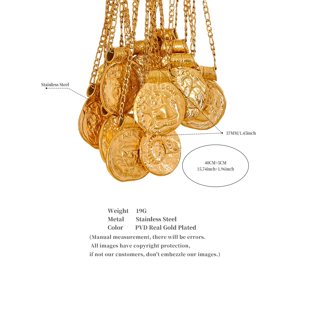 Yhpup Exklusive wasserdichte 12-Sternbild-Anhänger-Halskette aus Edelstahl, gehämmert, Vintage-Stil, golden, 18 Karat vergoldet, Modeschmuck – Detail 1