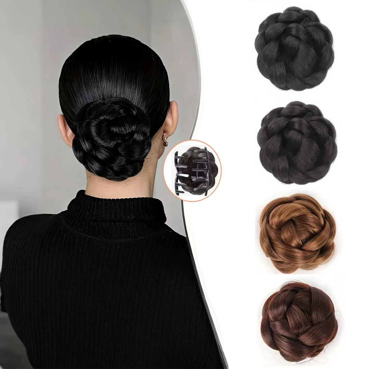 Moño de Pelo con Clip, Moño Sintético con Clip, Trenza de Pelo Simple, Moño Trenzado, Peluca, Moño de Pelo Bajo para Mujer, Accesorios para el Cabello