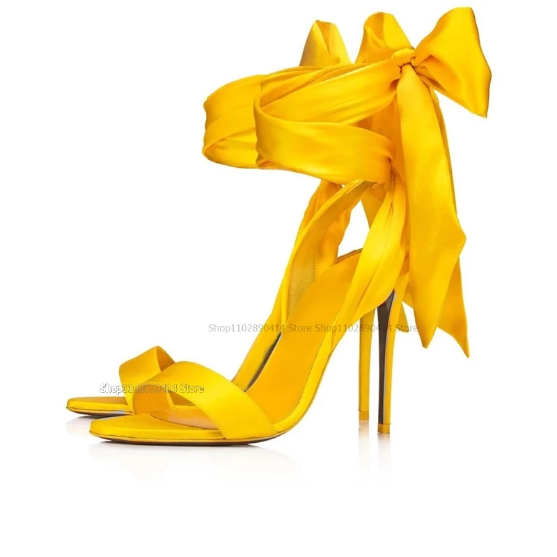 

Yellow Silk Lace Up Sandals Hollow Cut Heel Women Shoes Stilettos High Heel Open Toe Elegant Fashion Novel Sexy Zapatillas Mujer