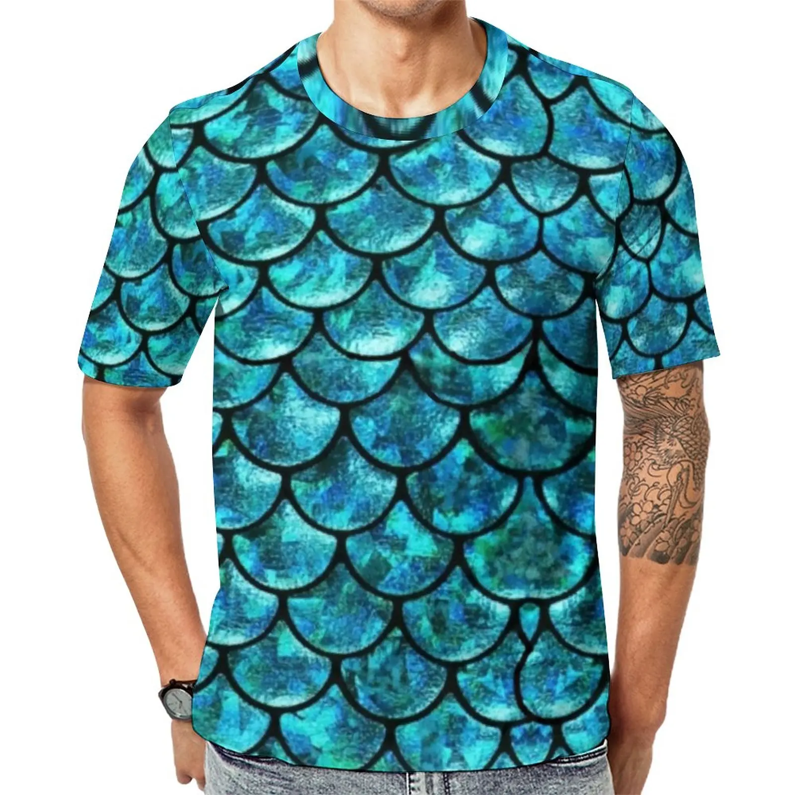 Mermaid 3d Printed Summer Men\'S T-Shirt Fun Short Sleeve Original Fashion Fish Scale Pattern Hip Hop Loose O-Neck Neutral Top