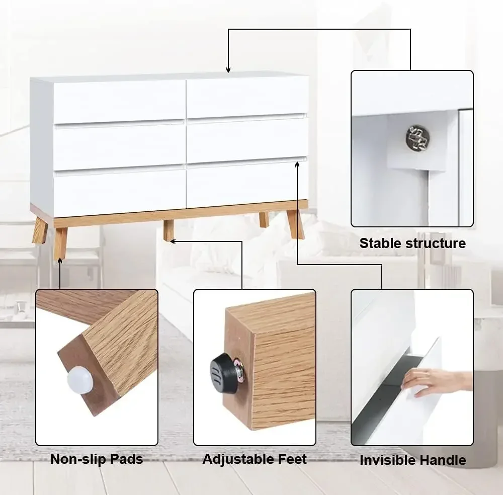 خزانة بيضاء لغرفة النوم مكونة من 6 أدراج وخزانة ذات أدراج وخزانة تخزين كبيرة وخزانة خشبية لغرفة النوم (أبيض) #5