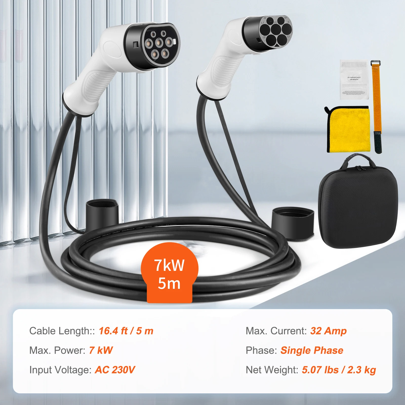 SucceBuy EV-auto-oplaadkabel 3,6 kW 16A/7 kW 32A/11 kW 16A/22 kW 32A Type2 IEC62196 Lengte 5M / 7M Kabel Draagbaar voor auto-opladen