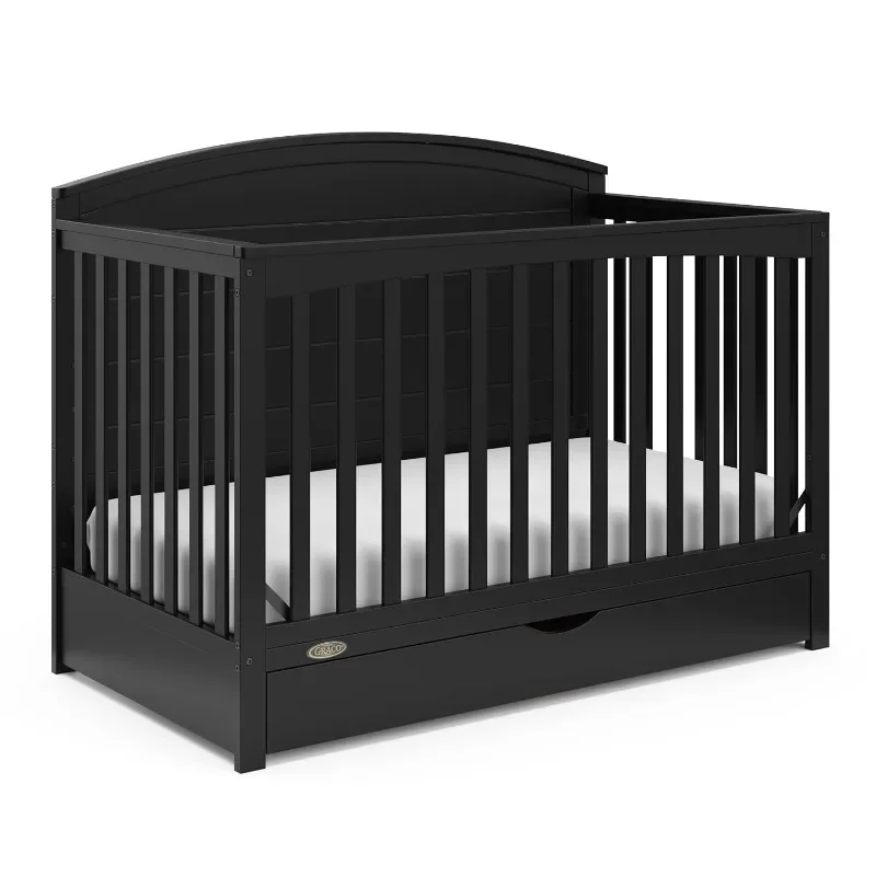 5-in-1 Convertible Crib with Drawer (Black), Full-Size Storage Drawer, Converts to Toddler Bed and Full-Size Bed