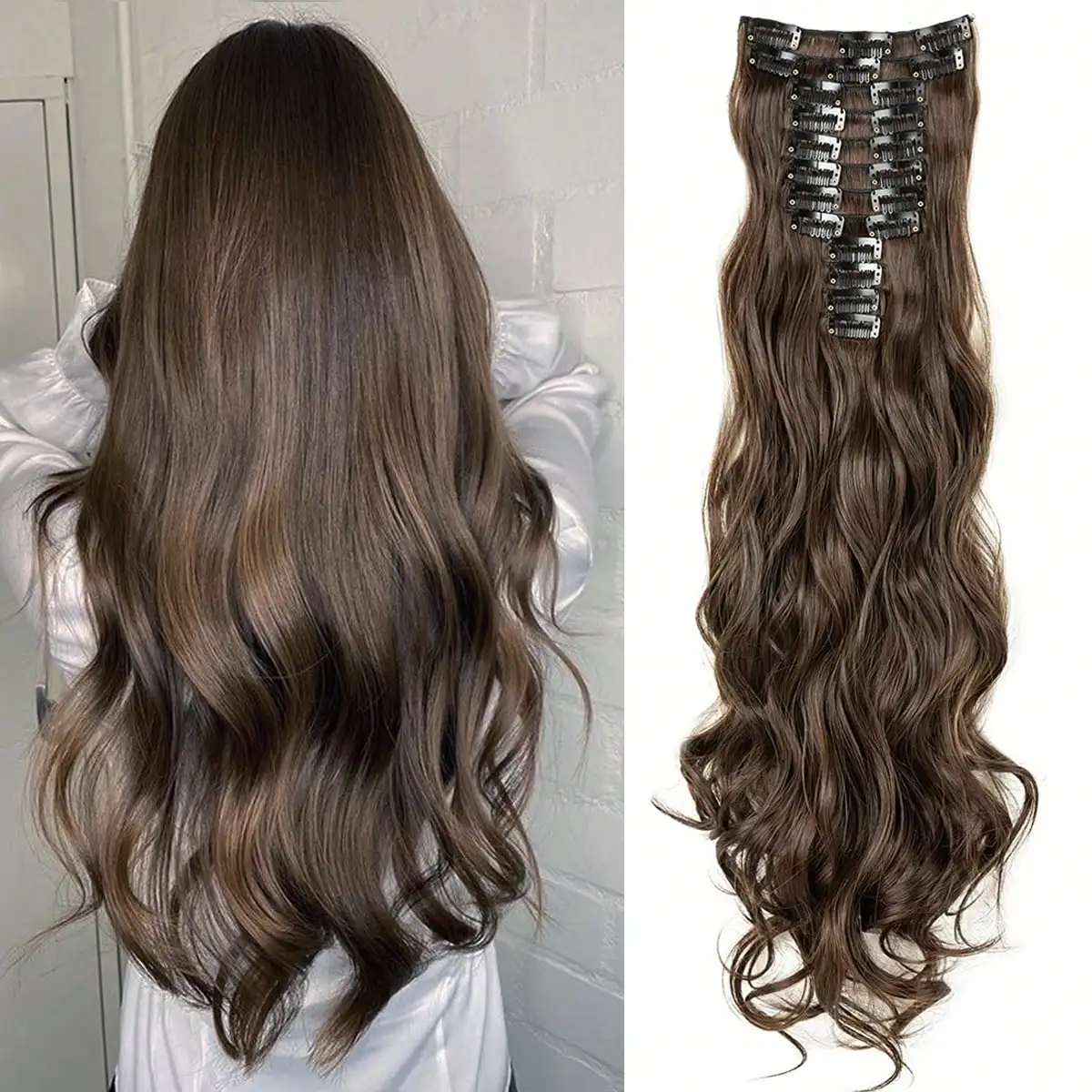 Clip in Hair Extensions Long 22inch Curly Synthetic Clip on Hair Extension Natural Black Thick Hair Extensions Wavy Hairpieces