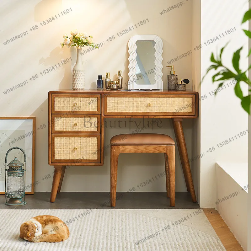LD retro Nordic solid wood makeup table and chairs desk bedroom rattan dresser