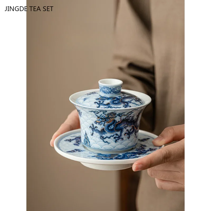 1SET 150ml Chinese Blue and White Porcelain Gaiwan Dragon Pattern Ceramic Teacup Exquisite Portable Beauty Tea Infuser