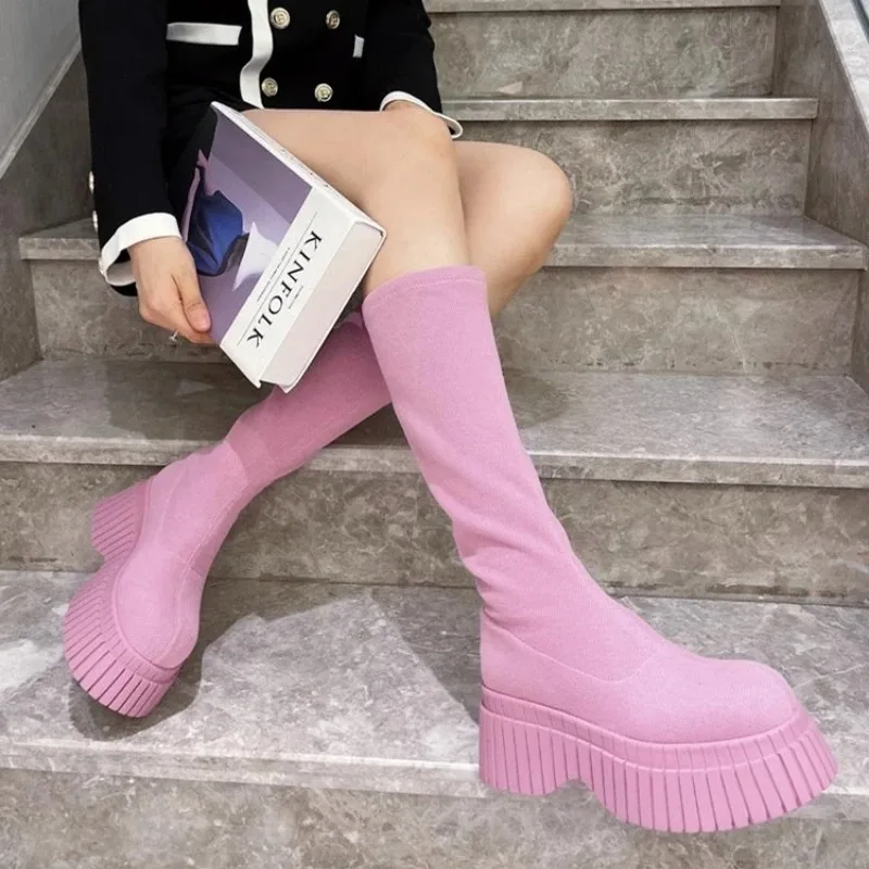 Women High Fly-knitted Elastic Boots 2024 Autumn New Slip on Chunky Platform Ankle Boots Woman Fashion Pink Thick Bottom Botas