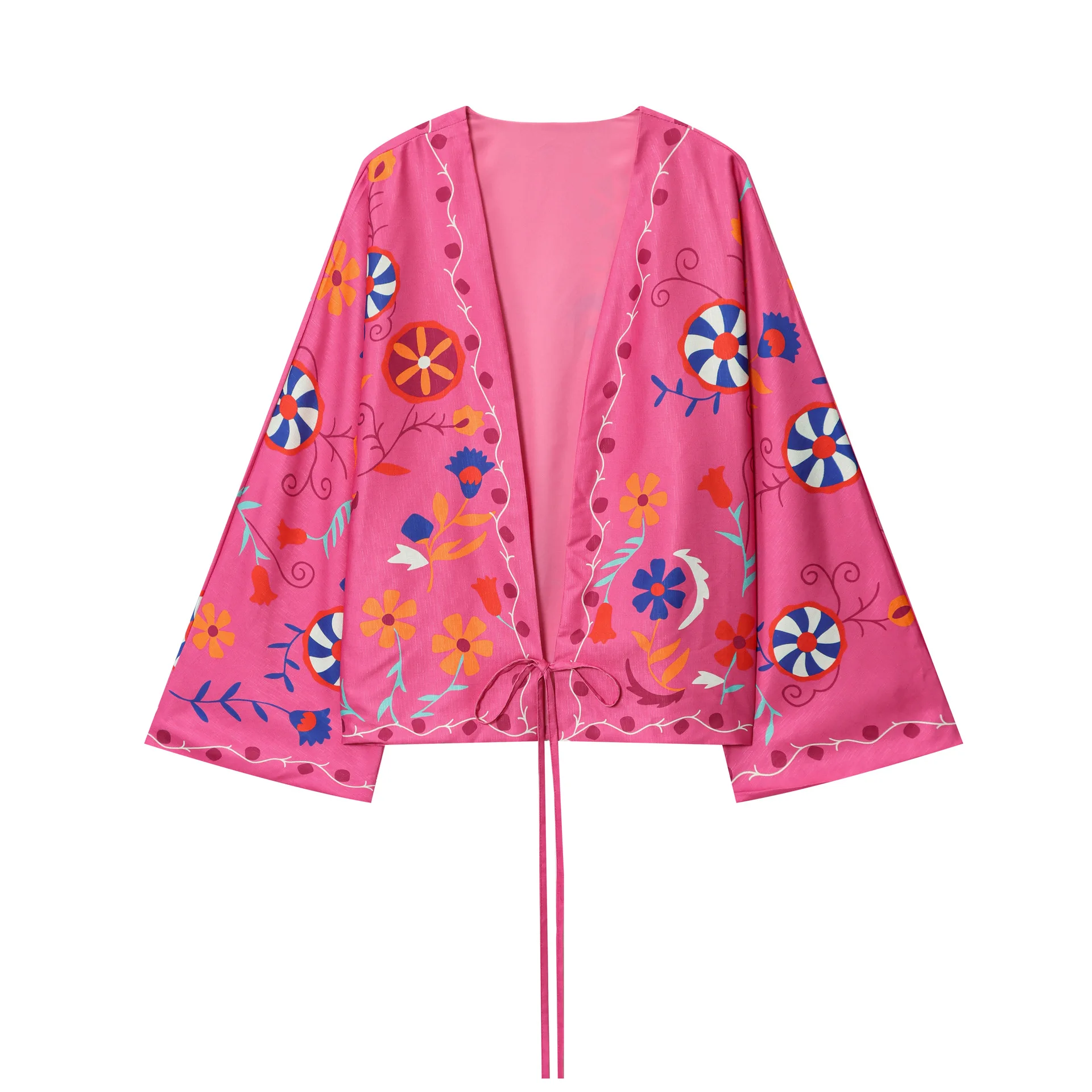 

2025 Holiday Style Autumn Women's Cardigan Jacket Pink Print Drawstring Kimono Cardigan Top Boho Casual Beach Shirt