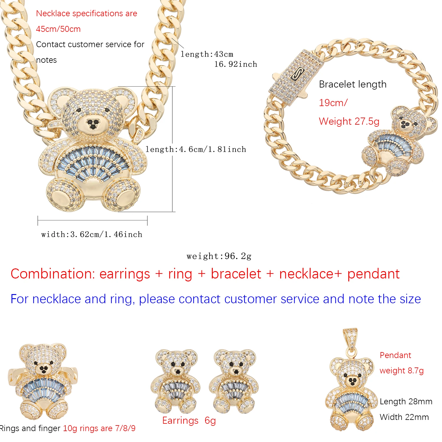 Cute Bear Jewelry Set Girls Gifts Dress Up Charm Silver Jewelry Fashion Jewelry Necklace Ring Contact Customer Note Size