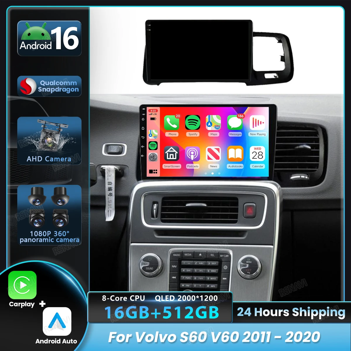 Android 16 Carplay Auto 2K Screen Multimedia Player Car Radio For Volvo S60 V60 2011 2012 - 2020 Autoradio WIFI Stereo Qualcomm