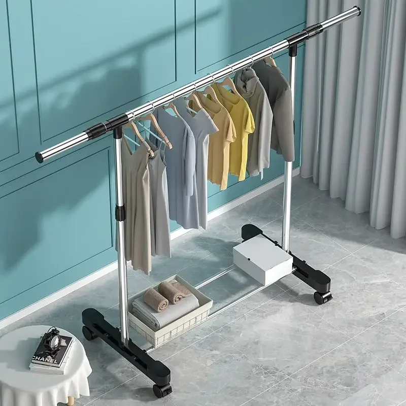 

Telescopic Mobile Hanging Clothes Rack Bedroom Tainless Steel Floor Drying Rack Double Pole Lifting Clothes Hanger Coat Rack