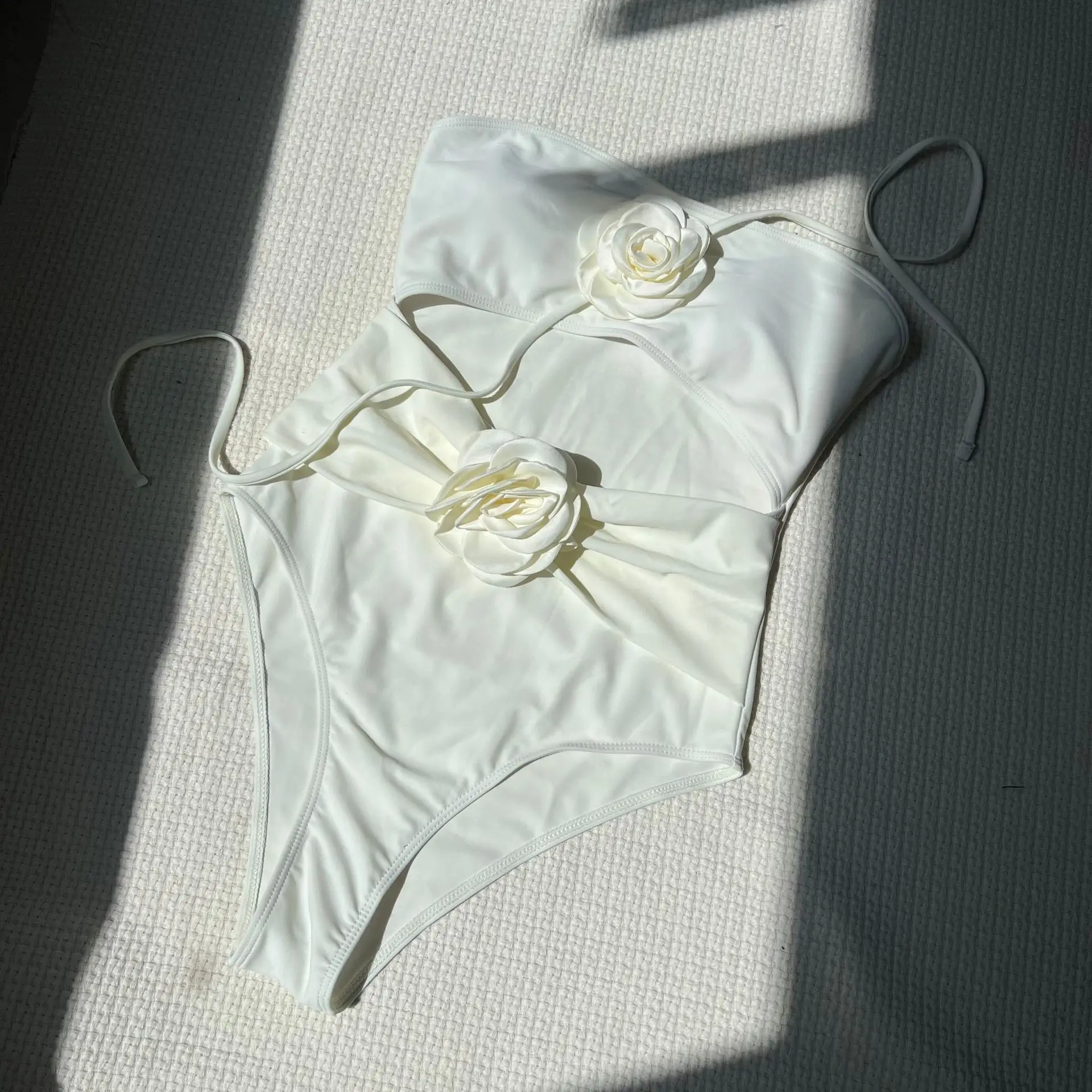 Halter Tie 3D Rose Bathing Suits Swimwear Beachwear / Women Drawstring Hollow Solid Rose Suspender One-Piece Swimwear