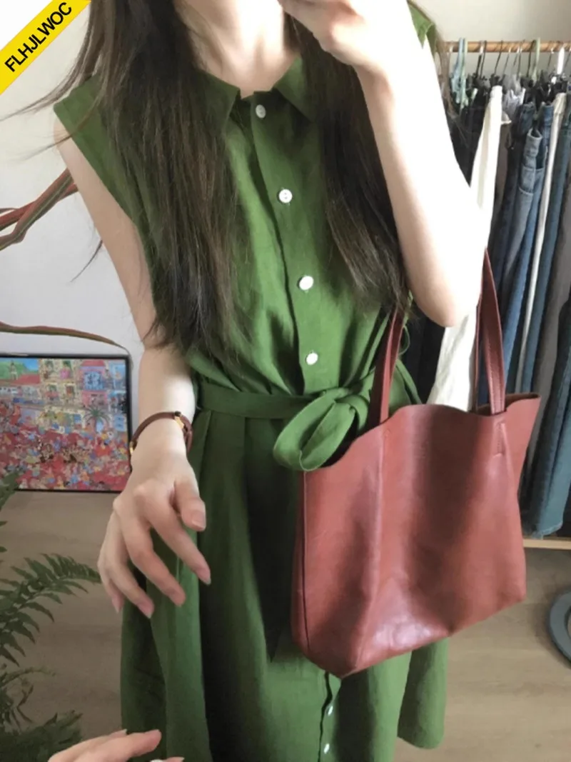 Sleeveless Shirt Dresses New Women Lace-Up Cute Sweet Girls Retro Vintage Solid Green Single-Breasted Button Long Maxi Dress