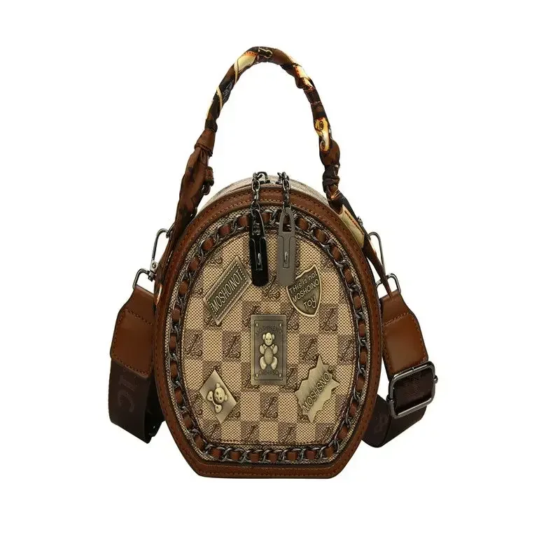 Saco Redondo Pequeno Retro para Mulheres, Bolsa de Ombro Versátil, Bolsa Crossbody, Marca Feminina, Bolsas de Personalidade, Bolsa Móvel, Designer de Moda, 2024