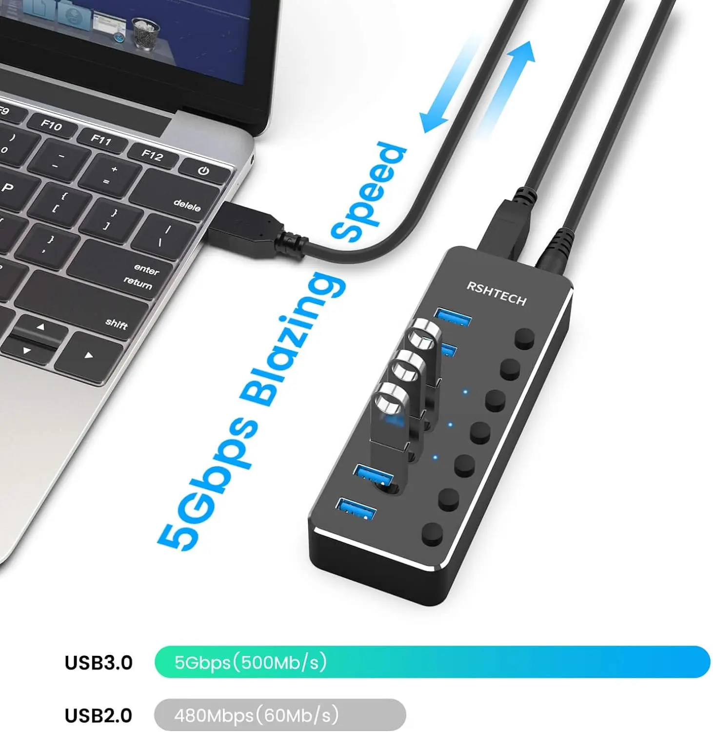 RSHTECH USB3.0 Hub en aluminium industriel répartiteur à 7 ports commutateur divisé avec adaptateur secteur 5V 2A pour tablettes de téléphone portable Macbook