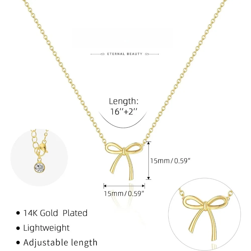 قلادة على شكل فيونكة مطلية بالذهب عيار 14 قيراط للنساء، سلسلة مجوهرات قابلة للتعديل هدية