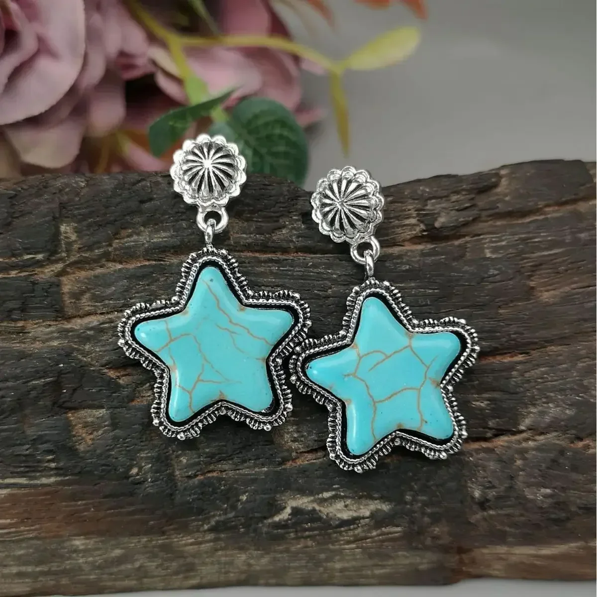 زوج من الأقراط النسائية الكبيرة المصنوعة من حجر النجمة الزرقاء العتيقة مجوهرات فضية اللون انخفاض الشحن