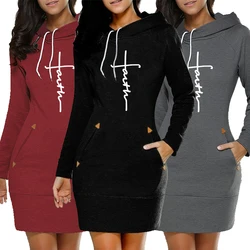 Women Fashion Hooded Sweater Dress Autumn and Winter Long Sleeve Hoodie Dress Solid Color Slim Fit Pullovers Sweatshirt Dress