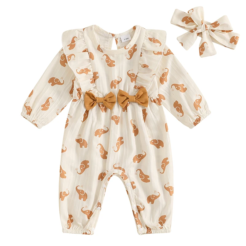 

Baby Girls Spring Autumn Romper Long Sleeve O Neck Elephant Print Jumpsuit with Headband