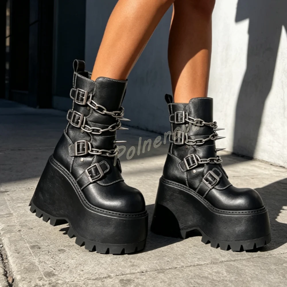 Women Gothic Platform Ankle Boots Black Leather Spikes Chain Buckle Strap Wedge Shoes Black Punk Goth Streetwear Winter Shoes
