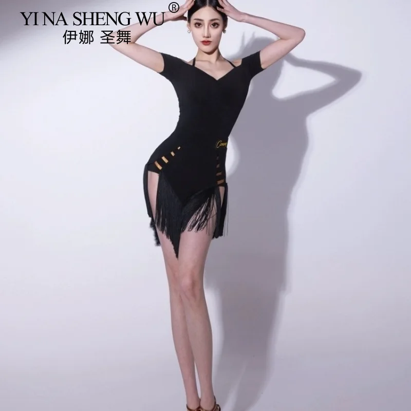 New 2026 Latin Dance Costume Tassel Jumpsuit Top Fringe Skirt Adult Women Latin Samba Rumba Cha Cha Practice Performance Dress
