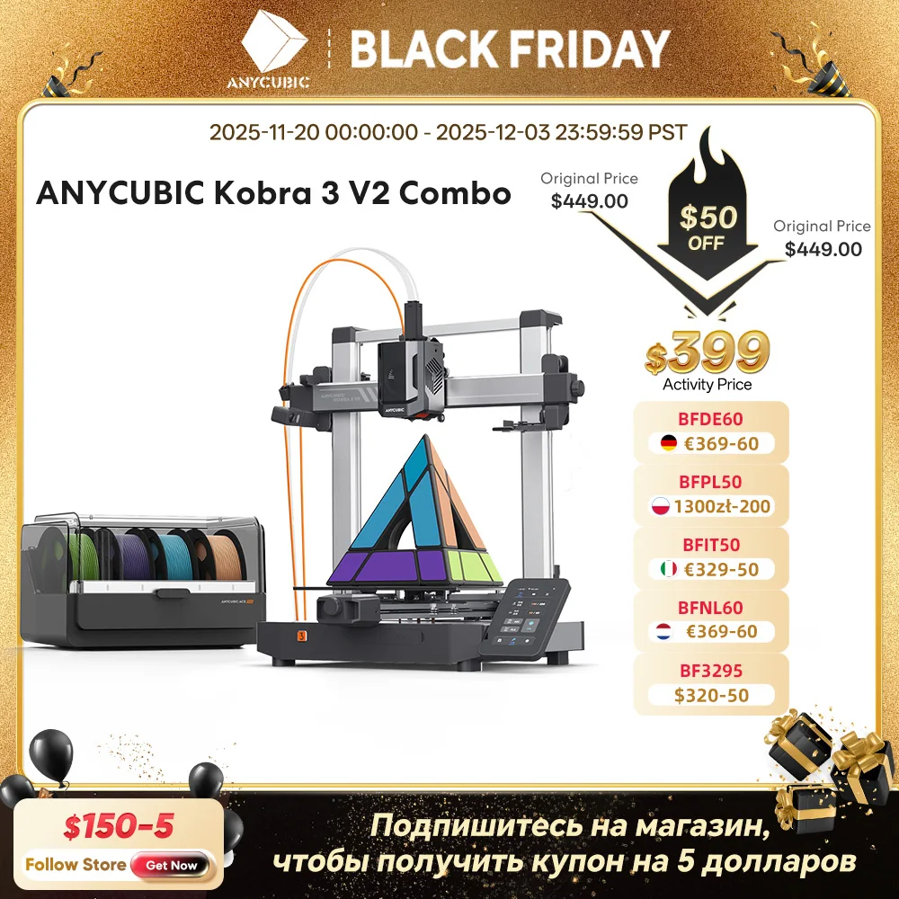 

ANYCUBIC Kobra 3 V2 Combo AE Version 3D Printer Large Size Automatic Leveling FDM High Speed Desktop Multi Color 3D Printer