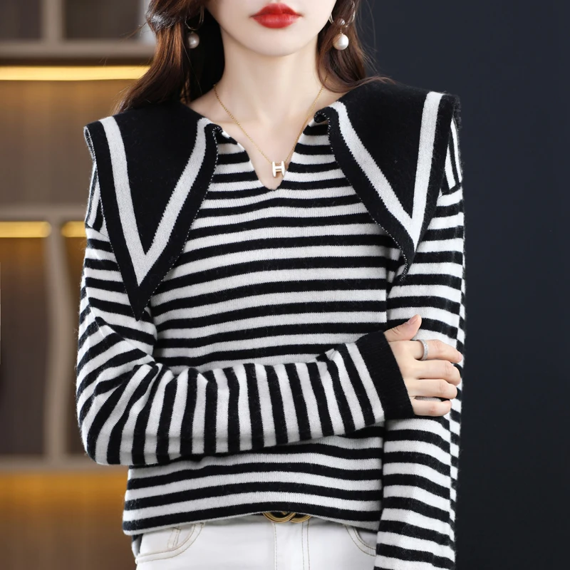 

Retro striped stitching 100% pure wool long sleeve autumn and winter new Korean navy collar slim knit cashmere sweater.