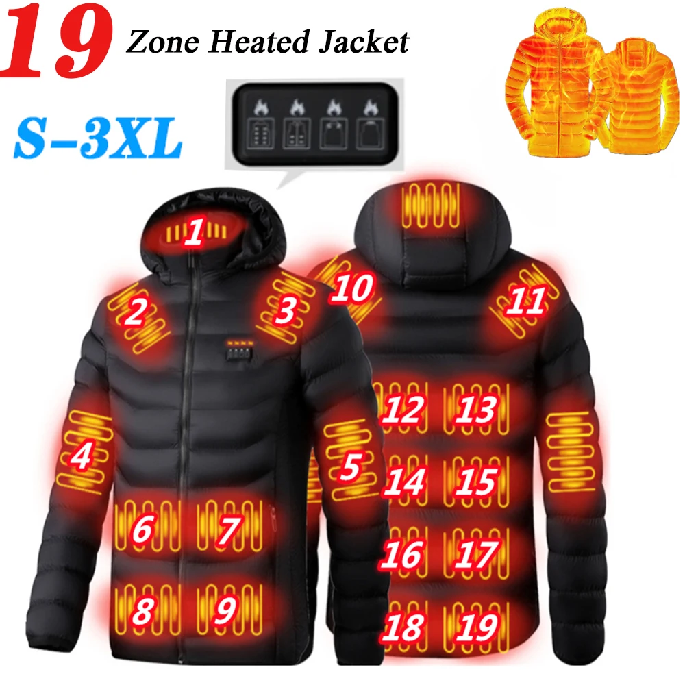 

19 Areas Heated Men Winter Warm USB Heating Jackets Smart Thermostat Pure Color Hooded Heated Clothing Waterproof Warm Jackets