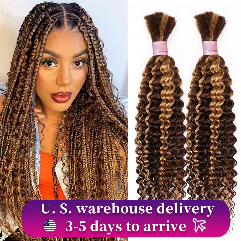 Curly Bulk Human Hair For Braiding 4 27 Highlight Honey Blonde Deep Wave Human Hair Bundles 28 Inch No Weft Bundles Hair Extensi