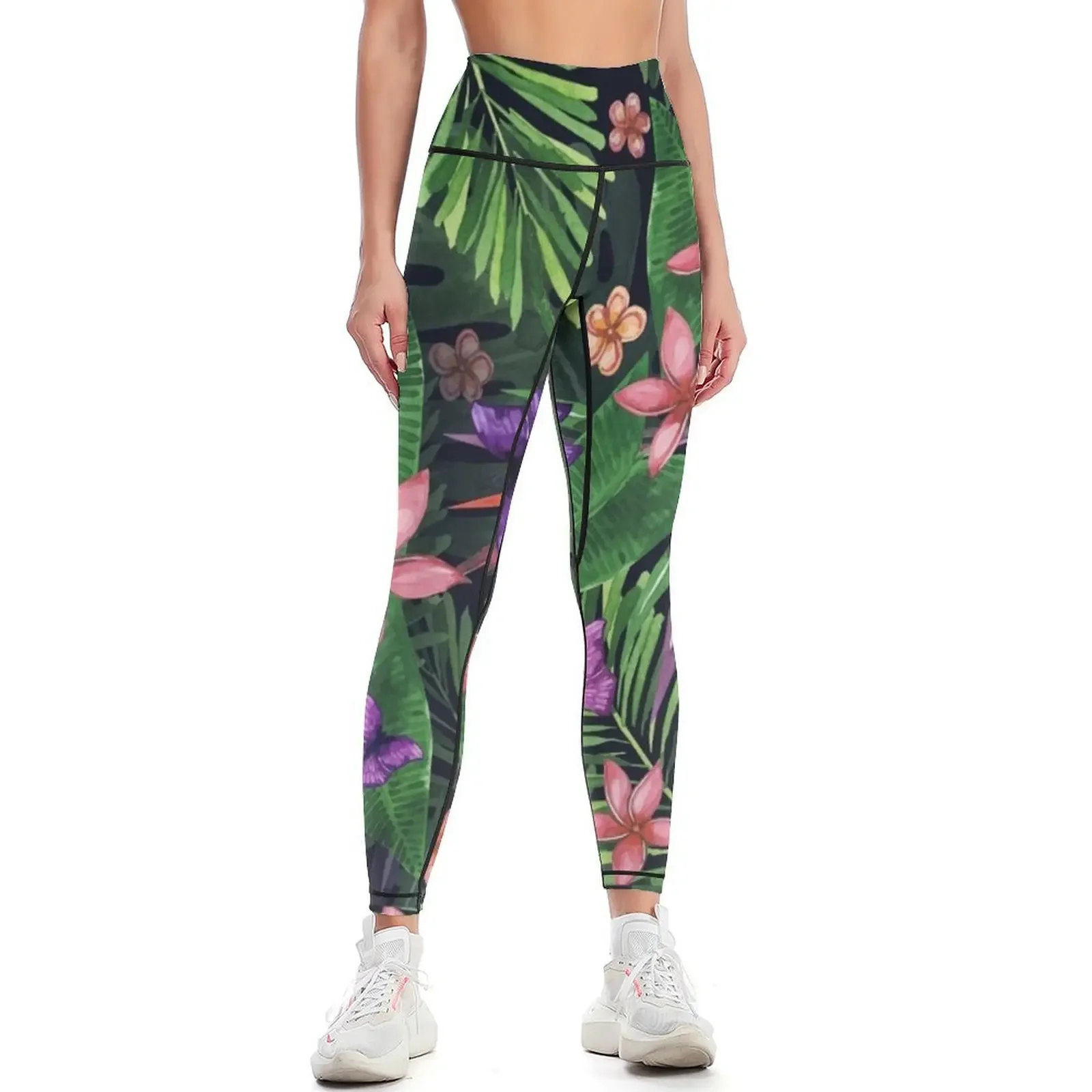 

Tropical flowers pattern of exotic flower and plants. Realistic watercolor painting jungle: exotic flowers, butterfly Leggings