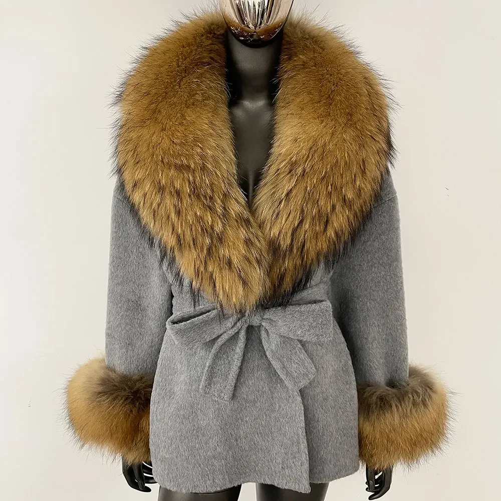 Belt Pocket Winter Jacket Natural Real Raccoon Fox Fur Blends Wool Coat Women Loose Outerwear Casual Outerwear Streetwear