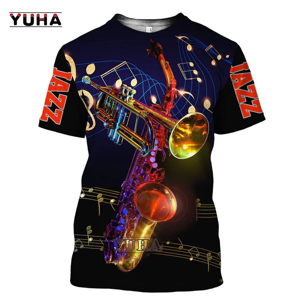 Summer Music Jazz T-shirt 3D Print Sax Guitar Clarinet Men\'s T-shirt Classic Music Instruments Short Sleeve Hip Hop  Pop Ca