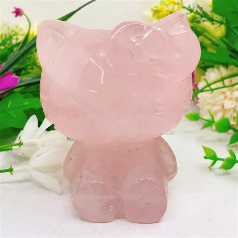 Natural Rose Quartz Cartoon KT Cat Carving Quartz Healing Crafts Gift Home Decoration Children Birthday Gift 1PCS