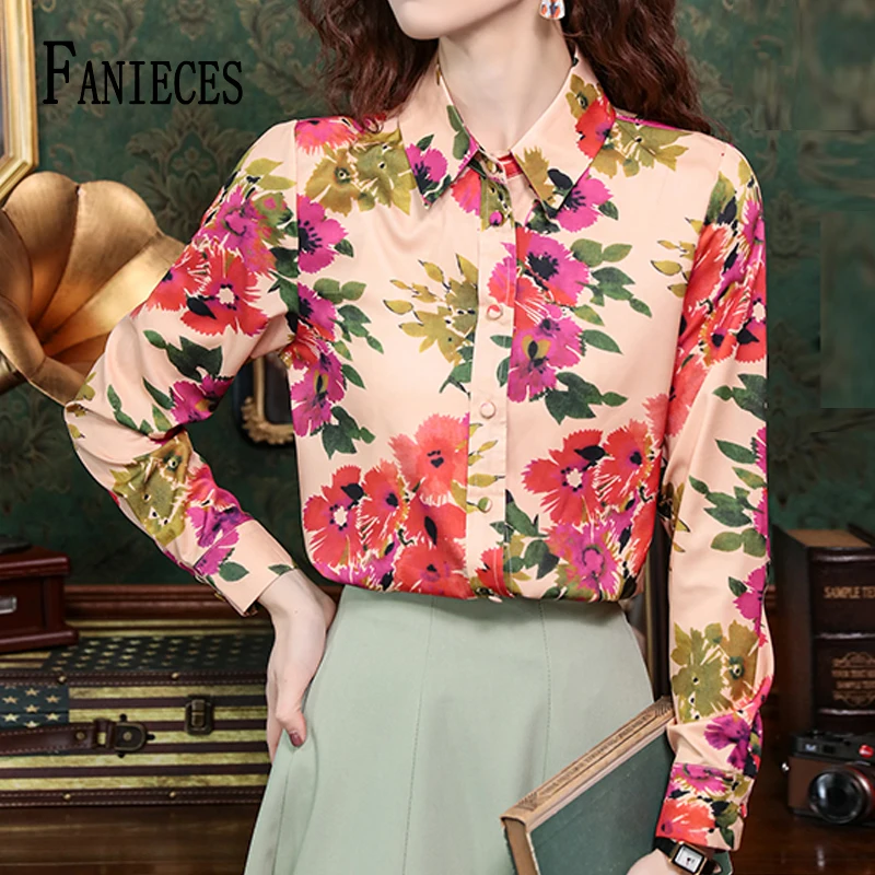 FANIECES Flower Print Luxury Women Shirt Spring 2025 Spring Long Sleeve Lapel Button-up Chiffon Blouse Elegant OL Tops قمصان وبل