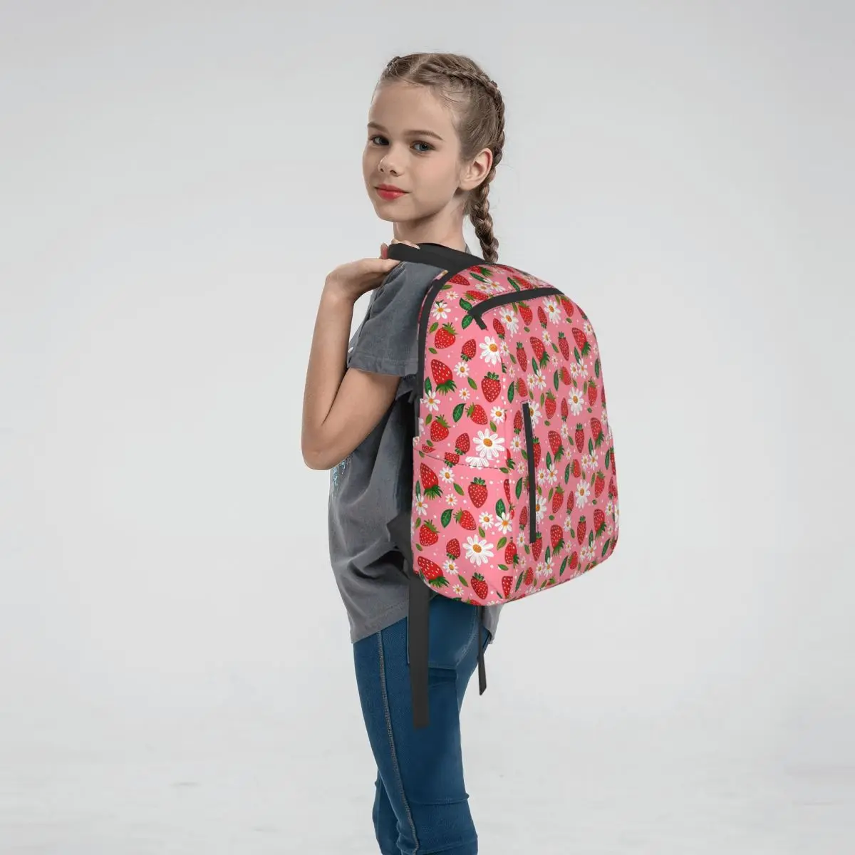 Strawberry And Daisy Cartoon Pattern Backpack Daypack Children BookBag School Bag Shoulder Bags for Men Women
