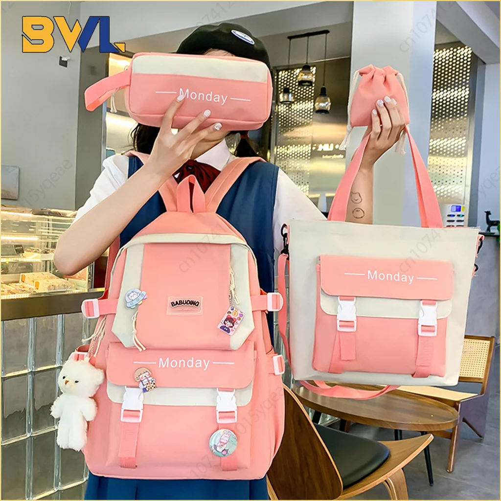 Women\'s 4 Pcs Set Backpack Harajuku Laptop Canvas School Bags for Teenage Girls Kawaii Backpack College Student Book Bag